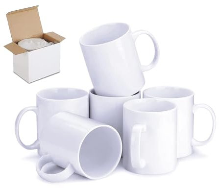 FR Enterprises Large White Sublimation Mugs Pack of 6-11 oz Plain Coffee Mug with Handle - Classic Ceramic Mugs Used as Personalised Mugs, Tea Mug with Smash Proof Gift Boxes - Home and Office Mugs