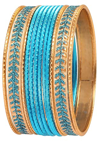 Touchstein „Metallic Bunt 2 Dutzend Armreif Kollektion“ Indische Bollywood strukturiert Türkis Goldene Farbe Schmuck Spezielle Große Größe Armreif Armbänder Set von 12 in antiken Goldton für Frauen