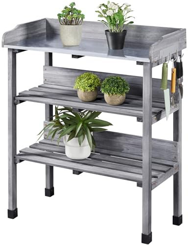 Yaheetech Garden Potting Table, Wooden Germination Table Planting Work Station Bench with Hooks and Shelves for Patios/Courtyards, Grey