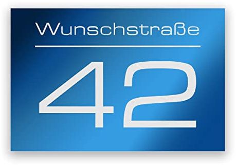 Hausnummer Blau mit Gravur Straßenname und Nummer personalisiert Hausnummernschild - Acrylglas wetterfest und UV-beständig - 450 x 300 mm