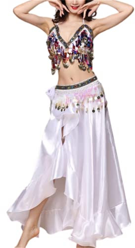 CSSOL Frauen Erwachsene Bauchtanz Kostüm 2022 Sexy Bühnentanzabnutzung 3Er Set BH Gürtel Langer Rock Indien Orientalischer Bauchtanz Accessoires Rock,Weiß,L