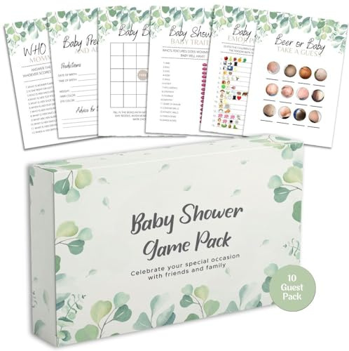 Juegos de baby shower, paquete de 6 juegos, eucalipto, selva, safari, bebé, niña, paquete de 10 invitados (eucalipto)