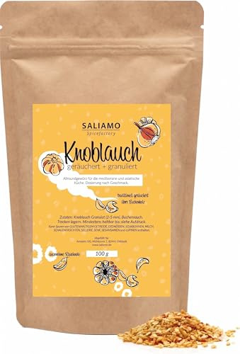100g Knoblauch getrocknet und geräuchert mit Buchenholz, Knoblauchgranulat, für die mediterrane und asiatische Küche; Pizza, Pasta, Grillsaucen, Knoblauchbutter und Meeresfrüchte | Saliamo