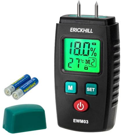 ERICKHILL Wood Moisture Meter, EWM03 Pin-Type Damp Meter Detector with 5 Modes, LCD Display Green Backlight, and Building Material Dampness Inspection, Detectors for Wood, Bricks,Paper, etc.