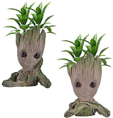 Udream 2 Pack Groot Blumentopf Baby Groot Figuren Niedliches Modell, Sukkulenten Pflanzgefäß Niedliche Grünpflanzen Blumentopf mit Loch Stifthalter (A5 Meditation+Warten)