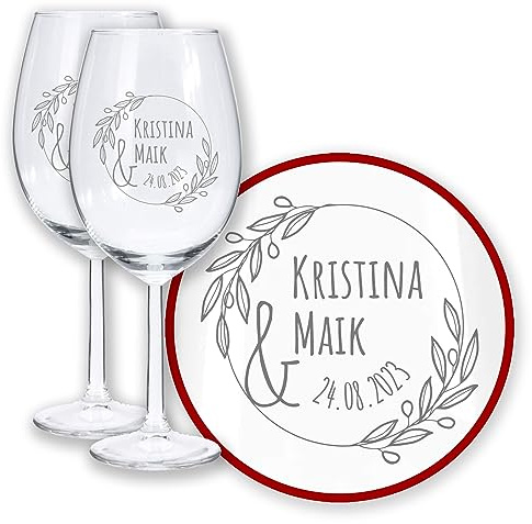 LALALO Weinglas-Set 2er, mit Gravur personalisierbar mit Namen, Wunschtext & Datum, Hochzeitsgeschenk mit Gravur für Brautpaar, Hochzeitstag, Jahrestag, Verlobung