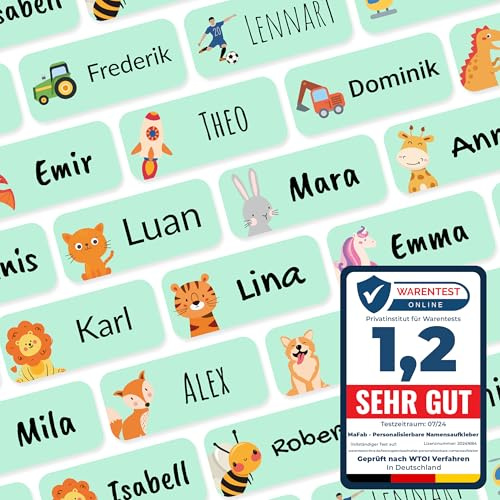 Namensaufkleber für Kinder (108 Stk. 30x13 mm) - Wasserfeste Namensschilder für Kleidung, Textilien und Gegenstände - Optimal für Kita, Kindergarten und Schule - Schöne Motive personalisierbar