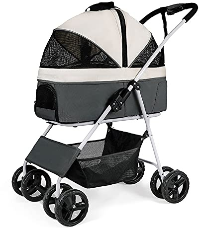 Haustier-Reise-Kinderwagen, zusammenklappbar, for Hunde und Katzen, Reiseträger, Transportwagen, verstellbares Oberteil, Grau (Color : Gris)