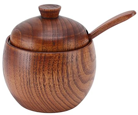 HOHXFYP Azucarero de Madera, Tarro de Dulces de Boca Ancha de Diseño Simple, Salero con Cuchara para Azúcar, Sal, Salsas, Vinagre, Pimientos