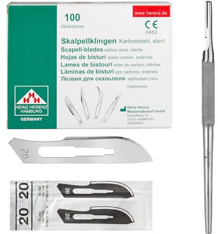 Lot de 100 lames de scalpel stériles Figure 20 en acier au carbone – Lames de rechange + 1 x Shehadeh – Support de scalpel avec poignée ronde – Acier inoxydable