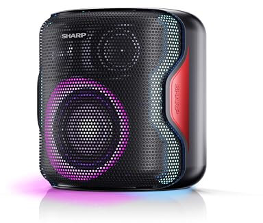 SHARP PS-921(BK) Altoparlante per Feste Bluetooth Compatto e Portatile con Luci da Discoteca, Audio 2.1 e 3D, Duo per Accoppiare un Secondo PS-921 in Stereo TWS, Resistente agli Schizzi IPX5