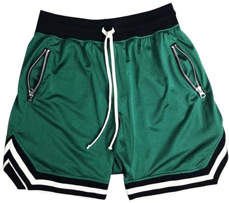 DIOTSR Mens Mesh Basketball Shorts Running Athletic Gym Workout Shorts with Zip Pocket (Green,Large)