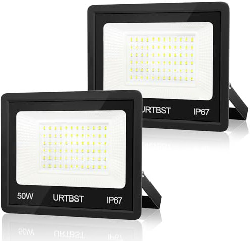 URTBST Projecteur LED Extérieur 50W, 5000LM IP67 Étanche, 7000K Blanc Froid Pour Cour, Jardin, Garage, Terrasse (2 Pièces)