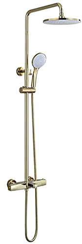 DSeenLeap Klassisches freiliegendes Duschhahn-Set in Gold, 9-Zoll-Regendusche, Wandmontage, Heiß- und Kaltwassermischer, thermostatischer Badewannen-Duschmischhahn