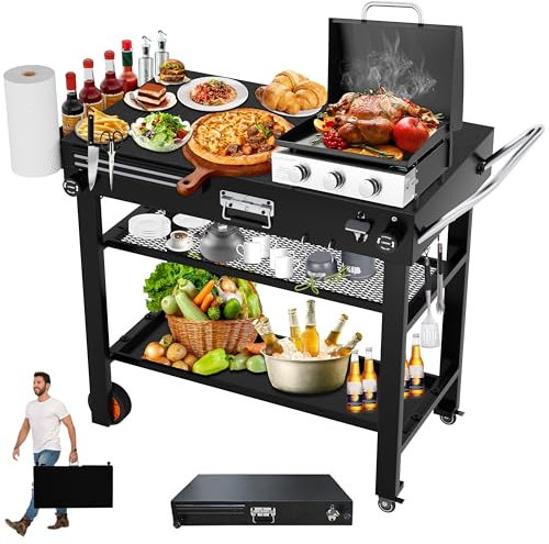JAHOMET Mesa de parrilla de 3 estantes para exteriores, mesa de barbacoa móvil con 4 ruedas, mesa de preparación plegable, carrito de barbacoa para barbacoas en el patio, picnics, camping, fiestas