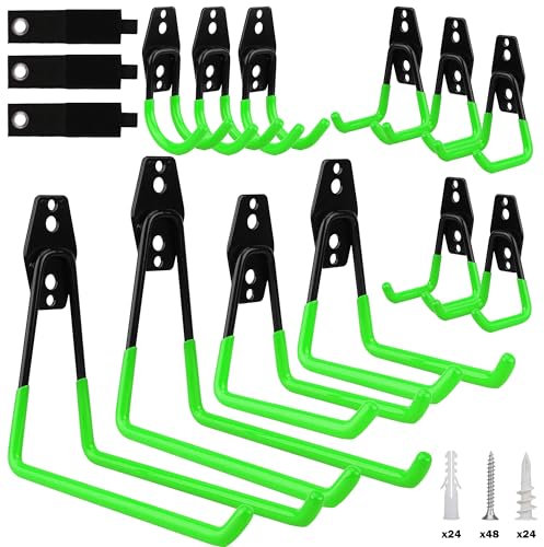 SEDY 15-Piece Garage Hook Wall Storage Tool, Steel Heavy Duty Bike Hooks, Anti-Slip Utility Hook Hanger, Garden Organizer Wall Mount Assortment, Wood, Brick, Concrete Wall (Green)