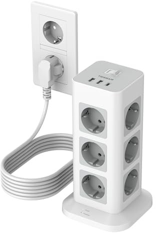 TESSAN Alargador Enchufe 5 Metros, Regleta Enchufes Proteccion Sobretension 12 Tomas con 1 USB C y 2 USB, Torre Regletas Vertical con Interruptor, Torre Multiple 3600W para Mesa, Oficina, Casa, Gris