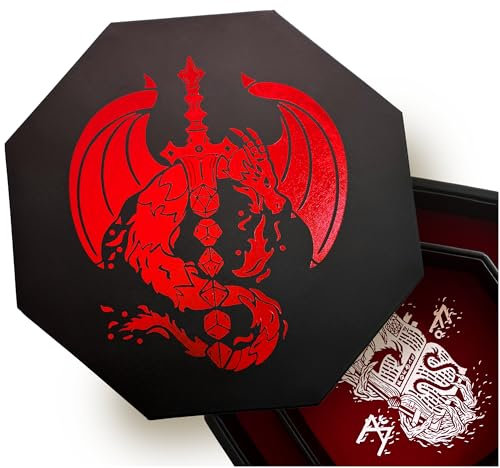 Fantasydice Tiefroter Feuerdrachen-Würfeltablett mit Würfelschwert, 22,9 cm, achteckig mit Deckel, hält 5 Würfel-Sets – perfekt für D&D, Call of Cthulhu, Shadowrun und alle Tisch-RPGs