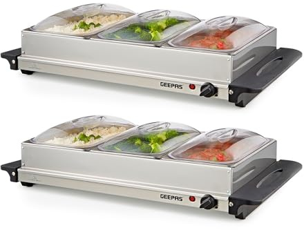 GEEPAS 300W Electric Food Warmer Buffet Server for Table – 3 x 2.4 Litre Stainless Steel Buffet Trays with Lids – Variable Temperature Control & Plate Warmer Function Cool-Touch Handles - Pack of 2