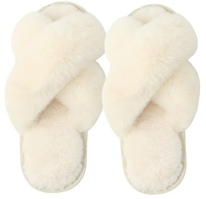Milaloko kvinnor fluffig kors band hus tofflor luddig öppen tå tofflor mysig plysch slip-on hem skor inomhus utomhus, Vit, 38/39 EU