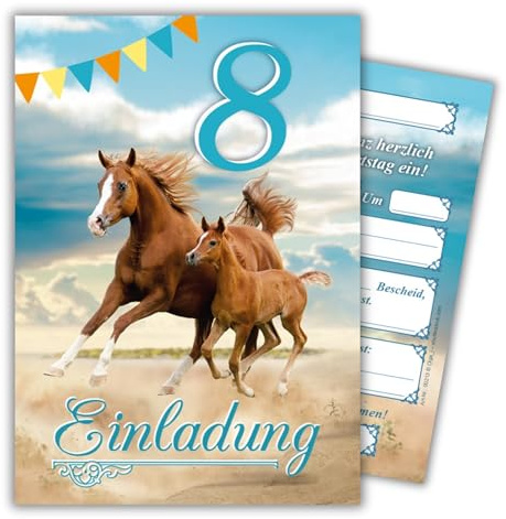 JuNa-Experten 12 Einladungskarten zum 8. Kindergeburtstag Mädchen Pferd Pferde coole Einladungen achte Geburtstag Mädchengeburtstag
