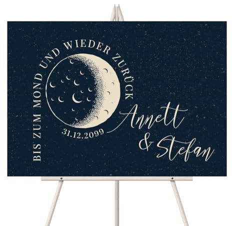 Personalisiertes Willkommensschild zur Hochzeit, Größe wählbar: DIN A3, A2 oder A1 - Bis zum Mond Design - mit intensivem UV-Druck mit Ihren Namen, Datum und Text, 3mm Dick