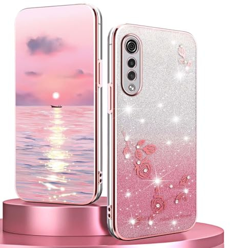 BORYA Silikon Hülle für LG Velvet 5G, Stoßfest Ultra Dünn Weiches TPU Handyhülle, Elegant Galvanisierter Glitzer Diamant Blumen Schutzhülle mit Gradient Karte, Rosa
