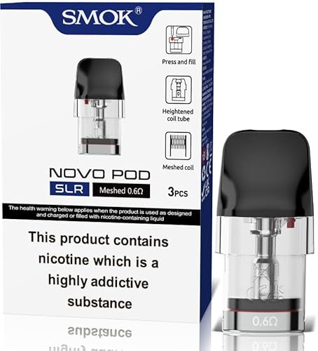 SMOK Novo Replacement PODs, SLR, Mesh, 0.6 Ohm, Anti-Leaking Design, Simple Top-Fill, Magnetic Connections, Works With Novo Devices, SMOK Vaping PODs, Pack of 3, No Nicotine