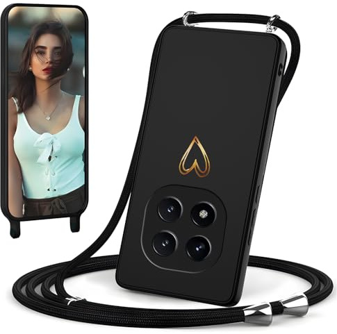 IBETEK Hülle für Xiaomi Redmi Note 14 Pro 5G mit Band, Handyhüllekette Necklace, Herz Muster Silikon Necklace Handyhülle mit Abnehmbar Kordel zum Umhängen Stossfest Bumper Handy, Schwarz