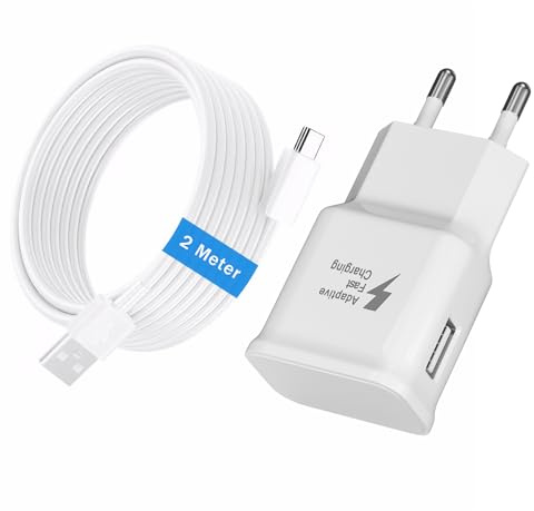 USB-laddare 15 W, USB C-laddkabel, snabbladdare med 2 M snabbladdningskabel typ C, snabbladdare för Samsung Galaxy S22 S21 S20 S10 S9 S8 A16 A15 A14 A25 A36 A35 A05s A06, adapter för surfplatta