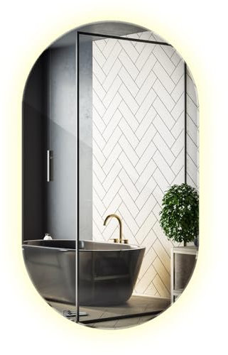Miroir Mural Oval 40x70 cm avec Lumières LED, Lumière Neutre et Éclairage Indirect Suspendu Élégant Non Encadré pour Entrée ou Salle de Bain Style Moderne Vertical Bords Polis