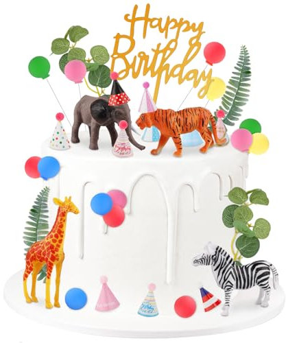34 Pieces Safari Jungle Animal Cake Toppers with Mini Birthday Party Hats Wild Animal Cupcake Picks for Jungle Theme Party Baby Shower Birthday Party Decoration Supplies