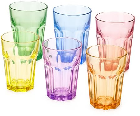 TIENDA EURASIA – Vasos de Cristal | Pack 6 Uds | Vidrio | Colores: Amarillo, Azul, Naranja, Morado, Rosa y Verde | 8.5x8.5x12 cm y 8.5x8.5x9.5 cm | Apto para Lavavajillas | No apto para Horno (360 ml)
