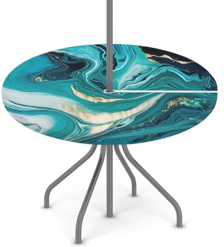 Dusviba Tovaglia rotonda per esterni con foro per ombrello, impermeabile, con motivo marmo liquido, con elastico con cerniera, lavabile, per picnic e barbecue, adatta per 114,3 - 142,2 cm