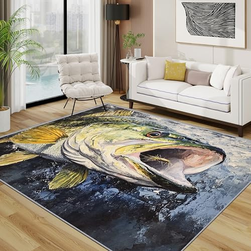 TerroVee Fisch Waschbarer Teppich, Angeln Fischer Teppich 100x200 cm, Unterwasser Tiere ölgemälde Kurzflor rutschfest Teppiche Für Schlafzimmer Wohnzimmer, Olivblau