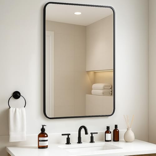 CROWNSHOP 75 X 50cm Bathroom Mirror with Black Aluminum Frame, HD Glass Wall-Mounted Rectangle Mirror with Curved Corners for Bathroom, Living Room Vertical or Horizontal Hanging Wall Decor