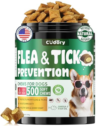 Flea and Tick Prevention for Dogs Chews- 500 Crunchy & Creamy Chews, Dogs Flea Chewables with Skin & Coat Support - Oral Supplement for All Breeds & Ages - Chicken & Cheese Flavor