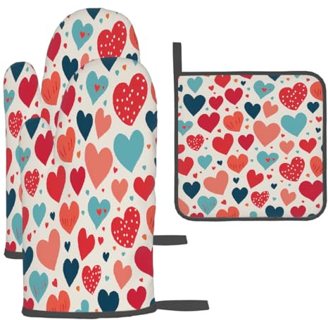 Mexpekil Potholders and Oven Gloves Heat Resistant, Cute Love Heart Pattern Kitchen Glove and Heat Mats 3-Piece Set, Insulated Oven Mitts for Kitchen, Baking, Cooking