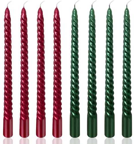 VIKY® 8 Stück Tropffreie Spitzkerzen 25 cm Lang - 4 Rote Kerzen & 4 Grüne Kerzen - Gedrehte Stabkerzen für Weihnachtsdekoration, Festliche Tischdeko, Kerze Aesthetic Geruchlos