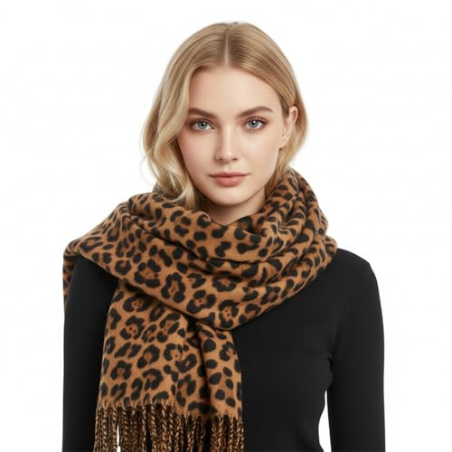 KEWUF Damen Winterschal, Leopardenmuster, Warm Und Kälteschutz, Kaschmir-Imitat, 195 x 67 cm