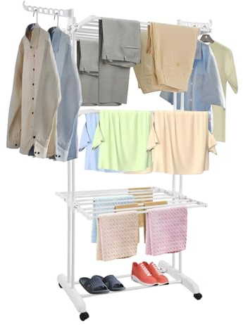 JF HOME BLISS 4-Tier Clothes Drying Rack with Two Side Wings, Stainless Steel Clothes Horses Rack, Laundry Garment Dryer Stand, Laundry Racks for Indoor Outdoor Laundry Room Use, White
