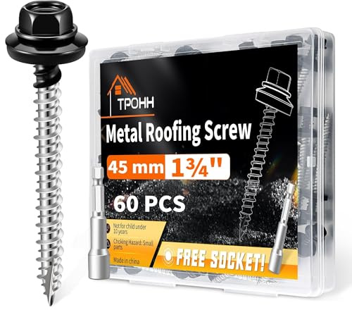 60 PCS M4.8 x 45 mm Hex Roofing Screws with Bit, Black Painted Head, EPDM Washers, High Low Thread, Self Tapping Metal to Wood Screws for Roofing and Facade Construction - TPOHH