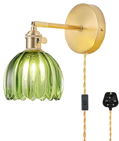 Plug in Wall Light, Vintage Wall Lights with Tulip Green Glass Lampshade, 180° Adjustable Wall Light with Switch and Plug in Wall Lamp Cord, Wall Lights for Living Room, Light Bulb Not Included