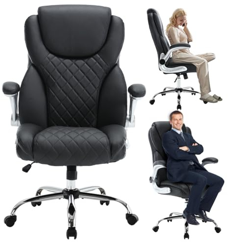 Bosmiller Ergonomischer Bürostuhl mit Einer Tragkraft von 180 kg, hoher Rückenlehne aus PU-Leder, Verstellbarer Lendenwirbelstütze, drehbarer Chefsessel, Dunkelschwarz