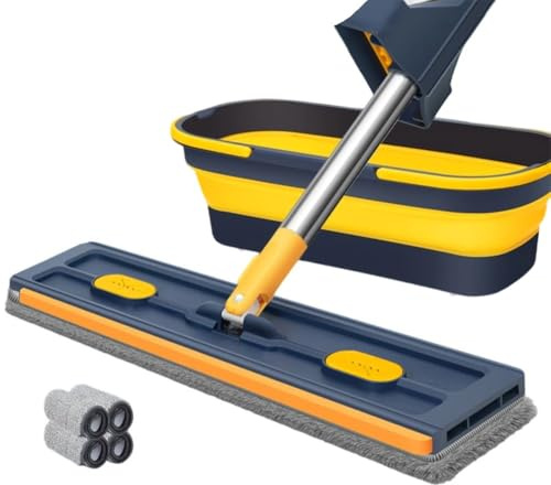 Homeponnew Mopa plana grande con cabezal giratorio de 360° y mango ajustable de acero inoxidable para limpiar azulejos, madera dura y ventanas, cubo plegable azul
