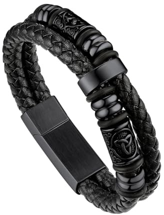 Bandmax Mens Leather Bracelet, Viking Jewellery Black Braided Rope Wristband for Men, Stainless Steel Beaded Double Layer Leather Cord