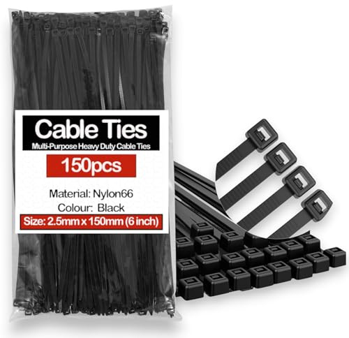 150pcs Black Nylon Cable Ties (2.5mm × 150mm) 6 Inch NCS35® Heavy Duty, Self-Locking, UV Resistant, Multi-Purpose Plastic Cable Managment Tie Wraps 8kg Tensile Strength for Electrical,Nylon Zip Ties
