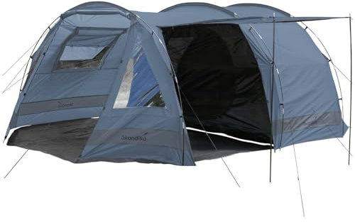 Skandika Kambo Tunnelzelt für 4 Personen | Zelt mit Schlafkabine für 4 Mann, Wasserdicht mit 3000 Wassersäule, 3 Eingänge, Sonnendach, Vorzelt | Campingzelt in blau
