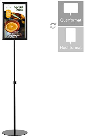 DISPLAY SALES Infoständer Teleskop doppelseitig DIN A3 schwarz höhenverstellbar aus Aluminium, schwere Stahlfußplatte, Hoch- und Querformat Einsatz mit Einschubrahmen