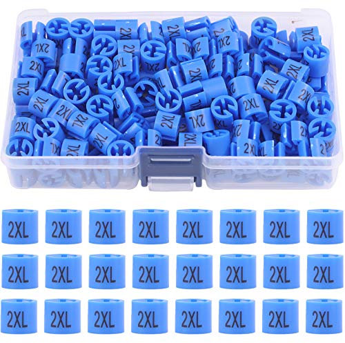 Swpeet Lot de 150 cintres bleus 【 Tailles XXL 】 Marqueurs de taille en plastique avec code couleur pour cintres en fil métallique avec boîte de rangement